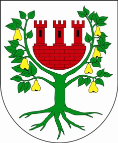 herb Międzychodu - zielona grusza z siedmioma gruszkami i murami w koronie